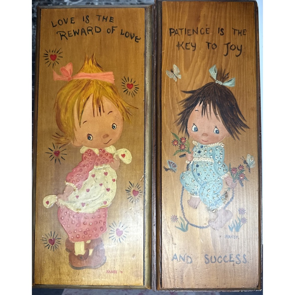 Vtg 1971‎ Folk Art Little Girls Wooden Wall Art Adorable Kitsch #2525